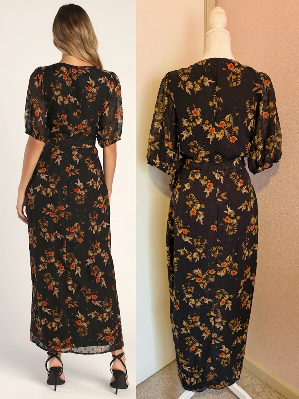 Lulus Seasonal Chic Black Floral Swiss Dot Wrap High-Low Dress - Picture 2 of 12